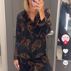 Auden Satin Tiger Print Pajama Set Long Sleeve Button Down Shirt Pants Sleepwear